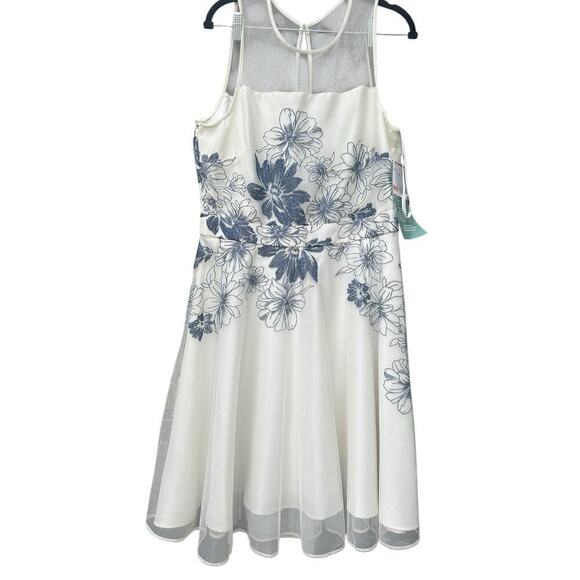 J. Taylor Dresses & Skirts - J Taylor white mesh embroidered blue flowers midi fit & flare dress. Size-12